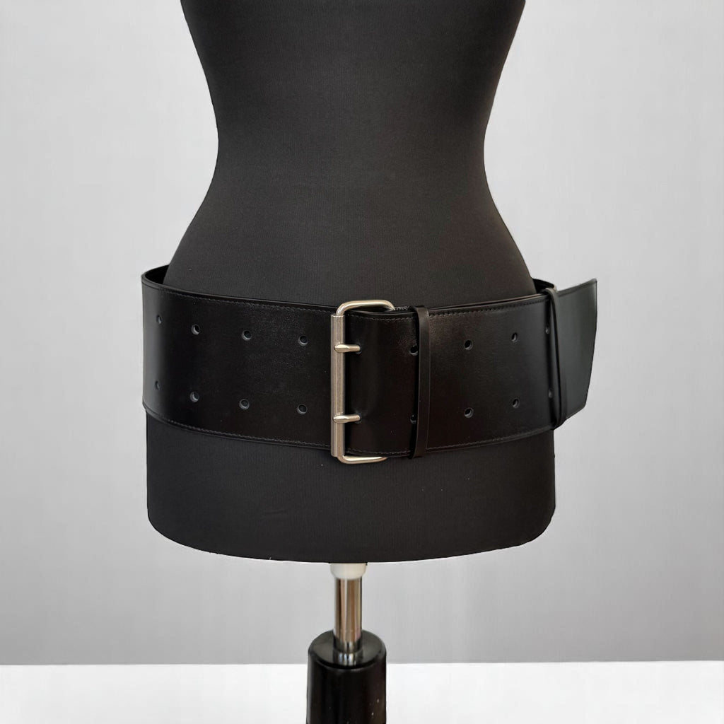 Aria Margo black Italian leather military coat belt with a wide 10cm design and silver double-prong buckle.