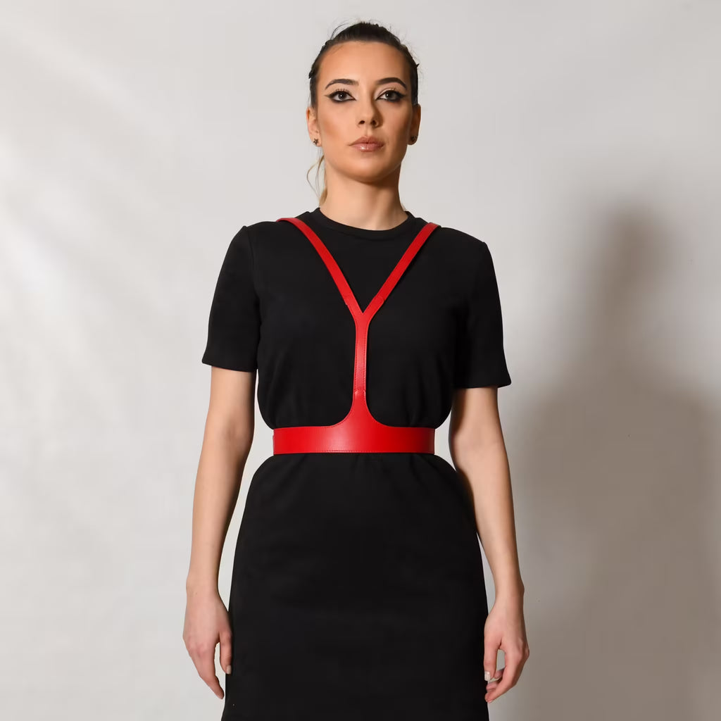 Red leather corset belt – Harness by Aria Margo