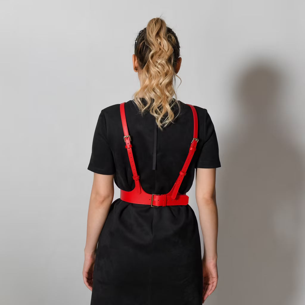 Red leather corset belt – Harness by Aria Margo