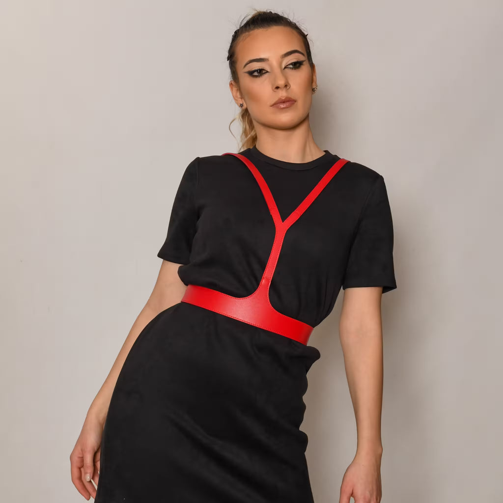 Red leather corset belt – Harness by Aria Margo