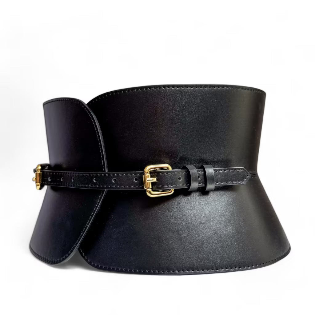 Aria Margo wide black Italian leather corset belt with an hourglass silhouette and gold-tone adjustable buckles.