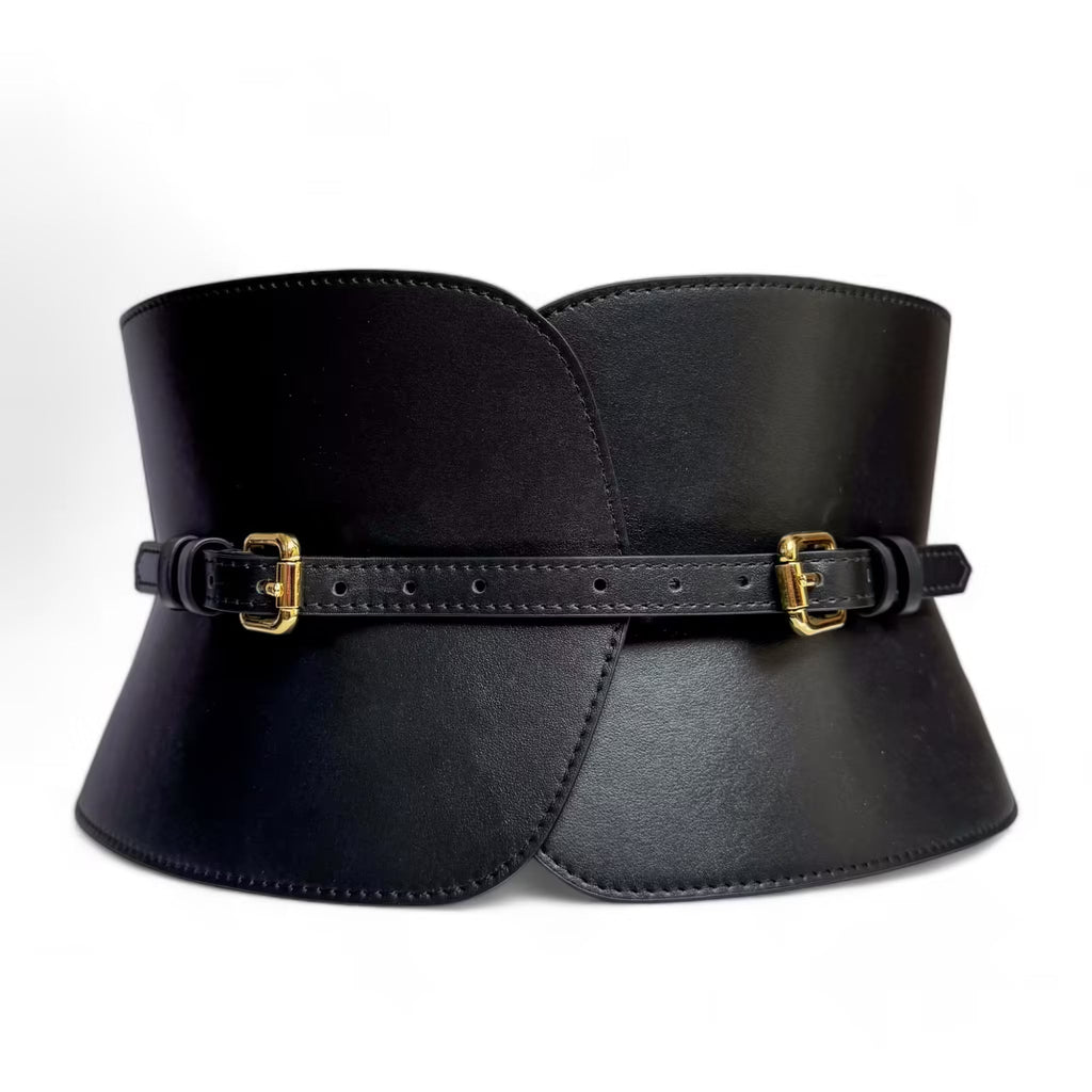 Aria Margo wide black Italian leather corset belt with an hourglass silhouette and two gold-tone buckles.