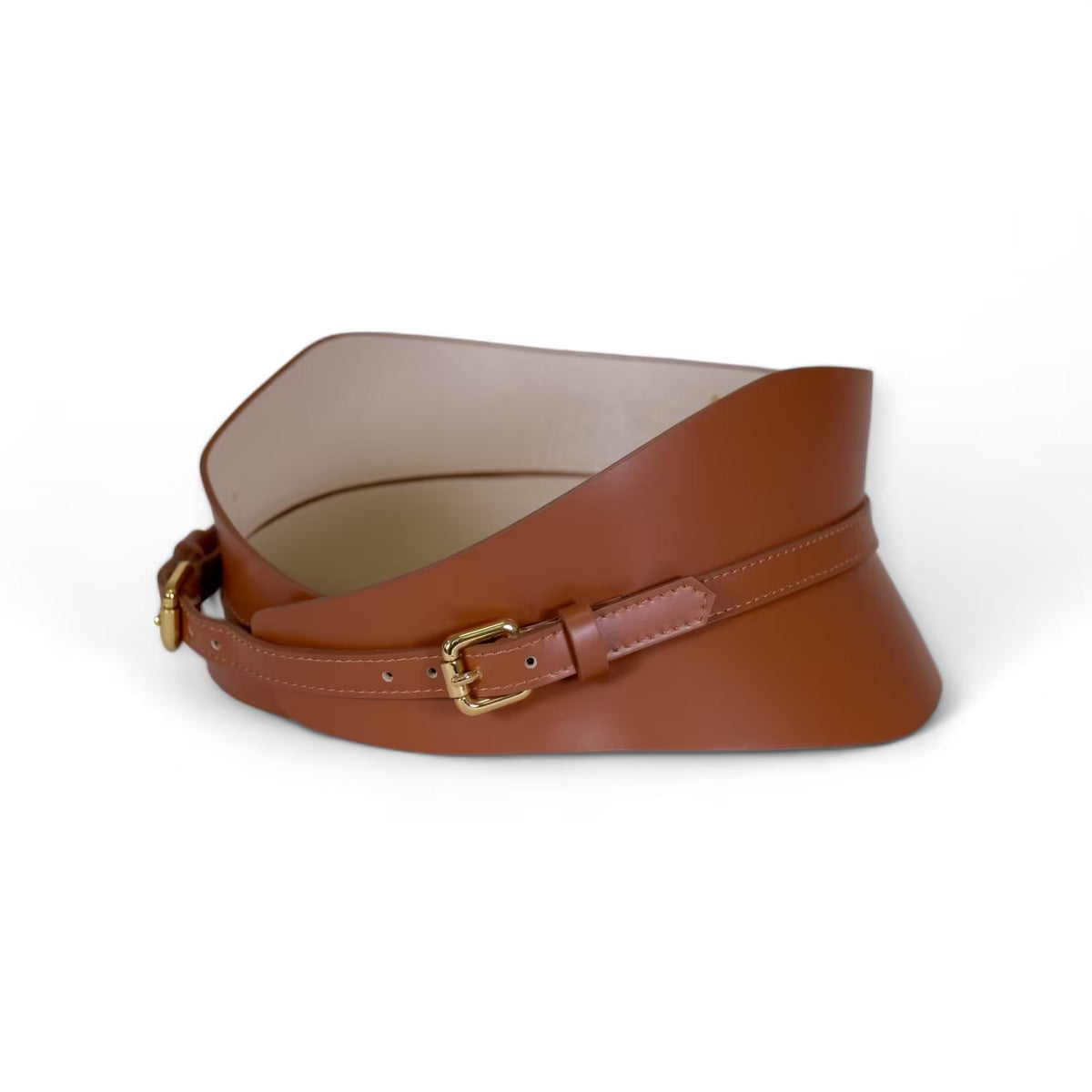 Aria Margo slim brown Italian leather corset belt with gold buckle and soft lining for waist definition.