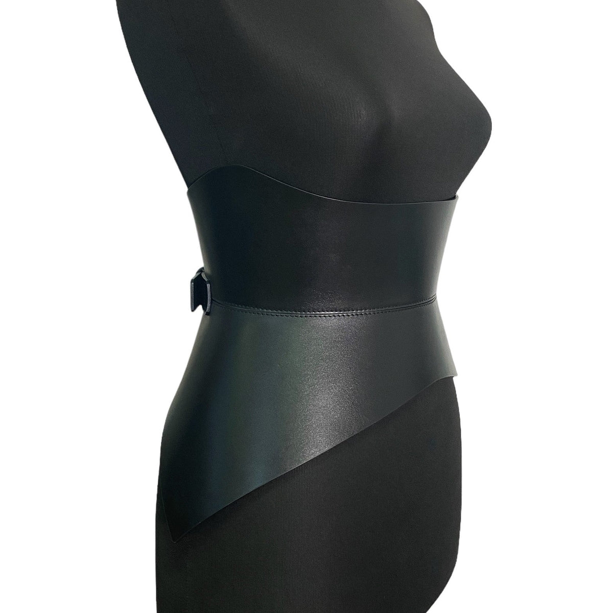 Aria Margo black Italian leather corset belt with a 3cm buckle, designed to shape the waist and hips.