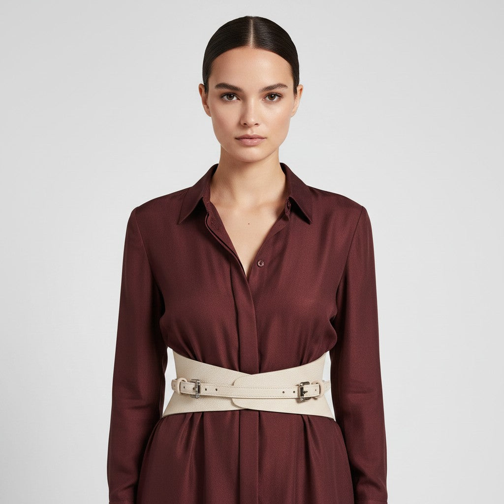 Aria Margo slim beige Italian leather corset belt worn over a dark burgundy button-down dress
