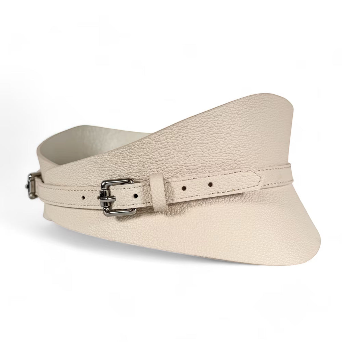 Aria Margo beige Italian leather slim corset belt with a textured finish and silver buckle detail.