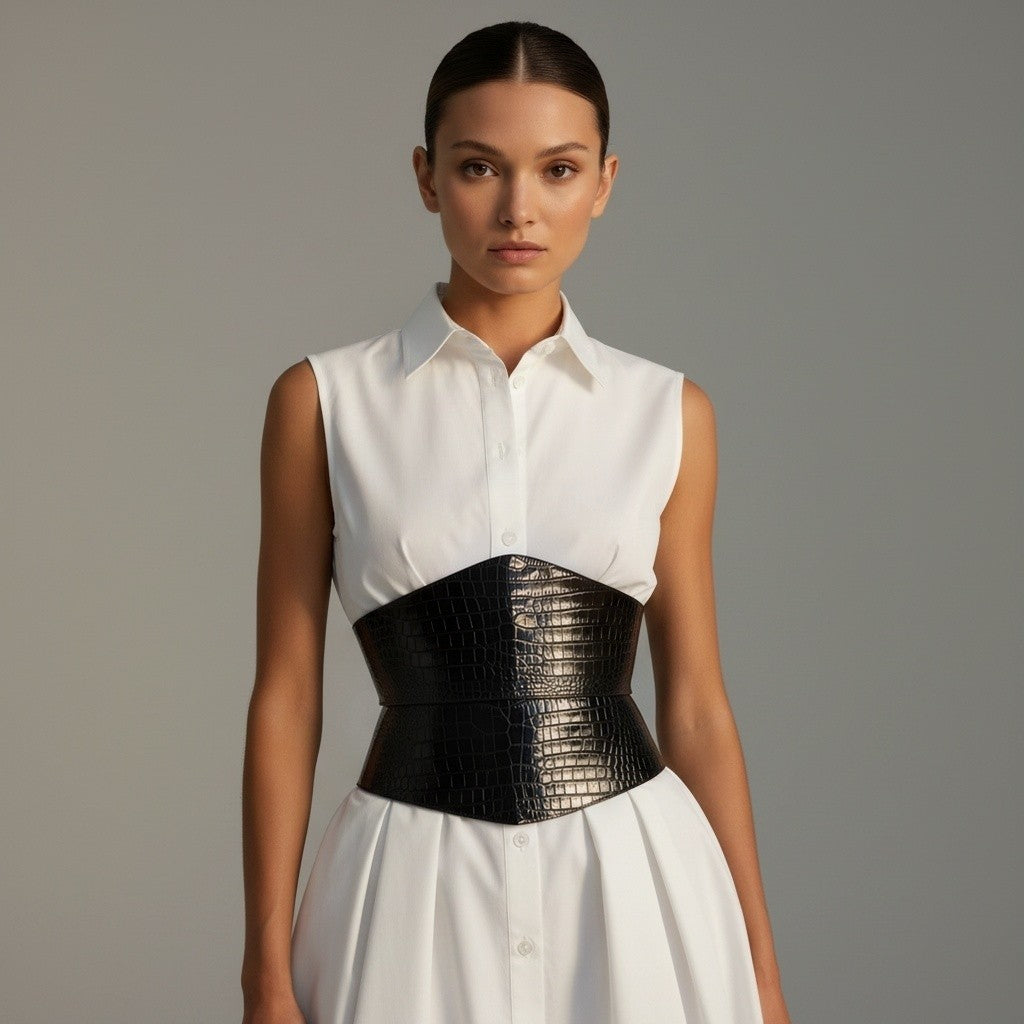 Aria Margo black croc-embossed Italian leather corset belt worn over a white sleeveless shirt dress