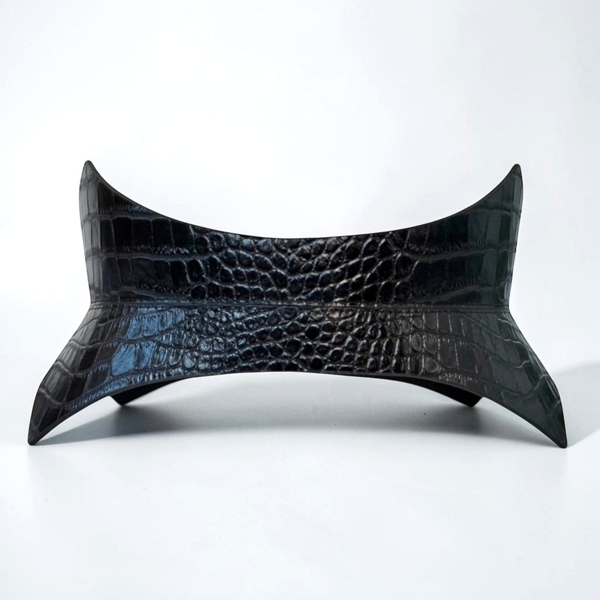 Aria Margo black croc-embossed Italian leather corset belt with a pointed, waist-defining architectural shape.