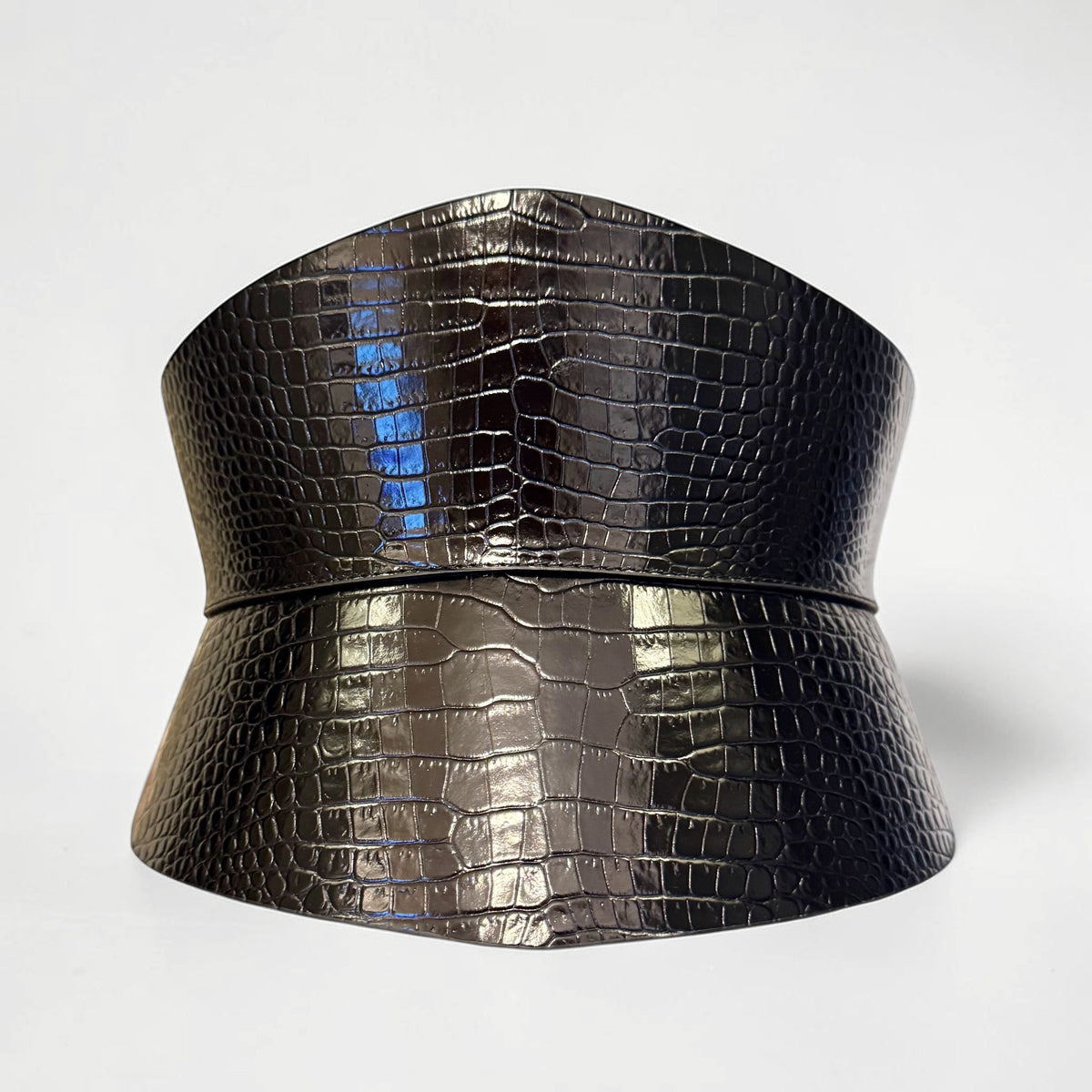 Aria Margo black croc-embossed leather corset belt with an hourglass silhouette and structured design.
