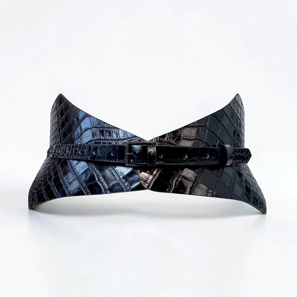 Aria Margo black croc-embossed leather corset belt with a pointed silhouette and adjustable buckle closure.