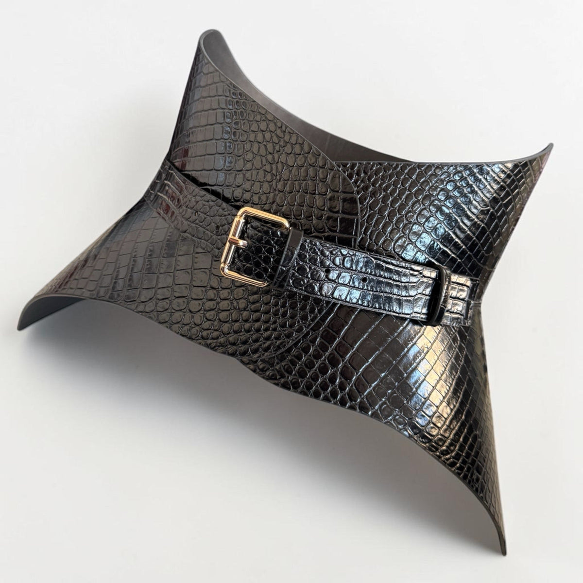 Aria Margo black croc-embossed Italian leather corset belt with a gold buckle for a feminine silhouette.