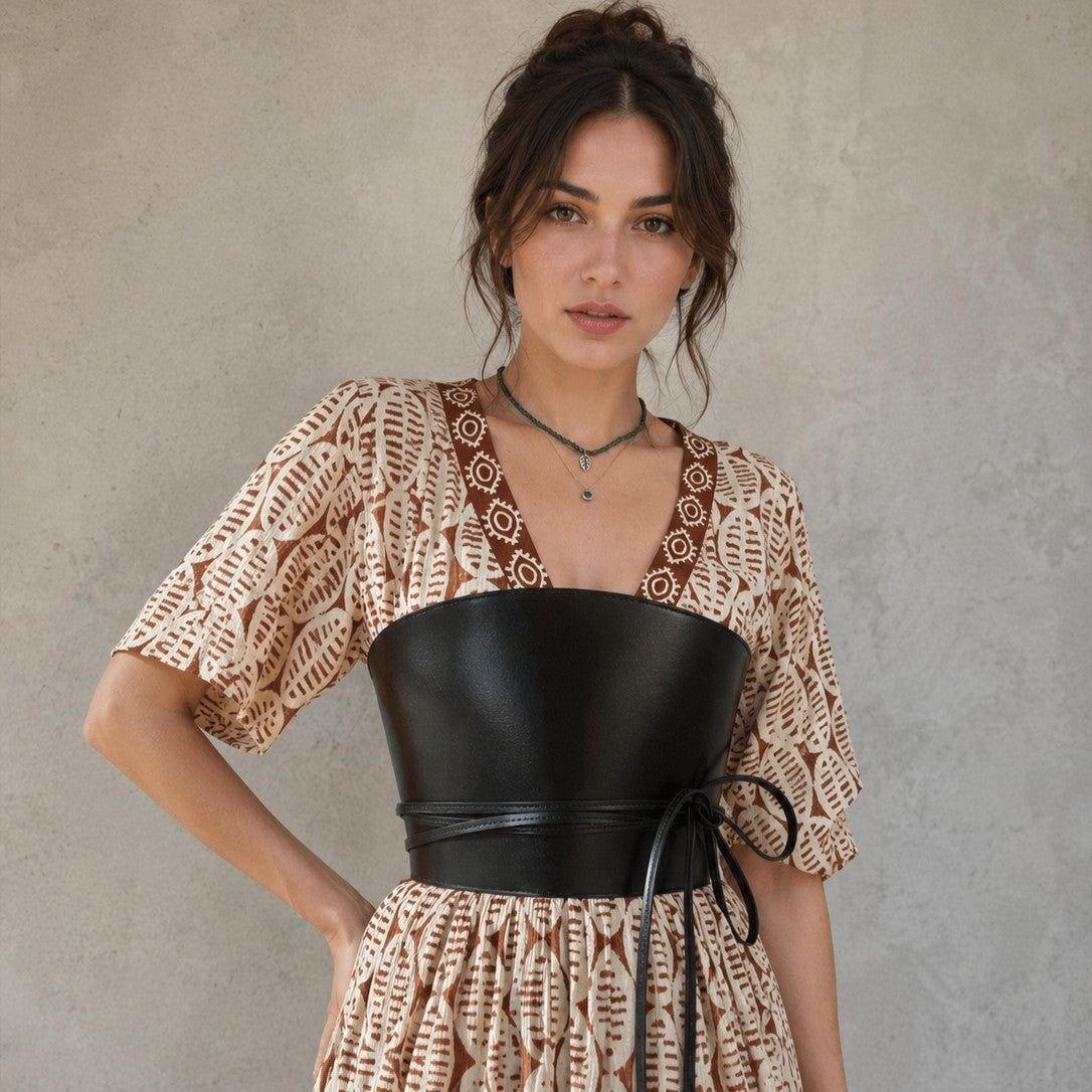 Aria Margo black leather corset belt with wrap-around cord detail worn over a patterned beige dress.