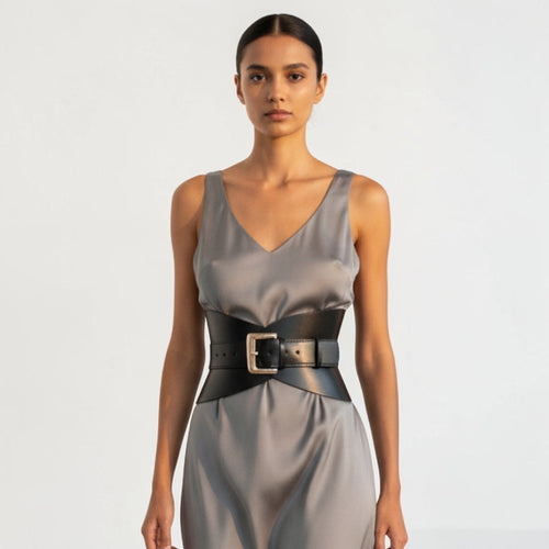Aria Margo black leather hourglass corset belt with a bold buckle worn over a grey silk dress by a model