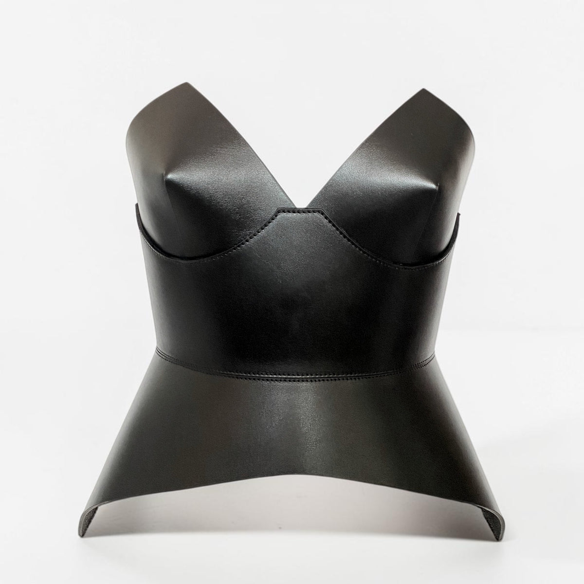 Aria Margo black Italian leather full body corset belt with a structured, minimalist, and futuristic design.