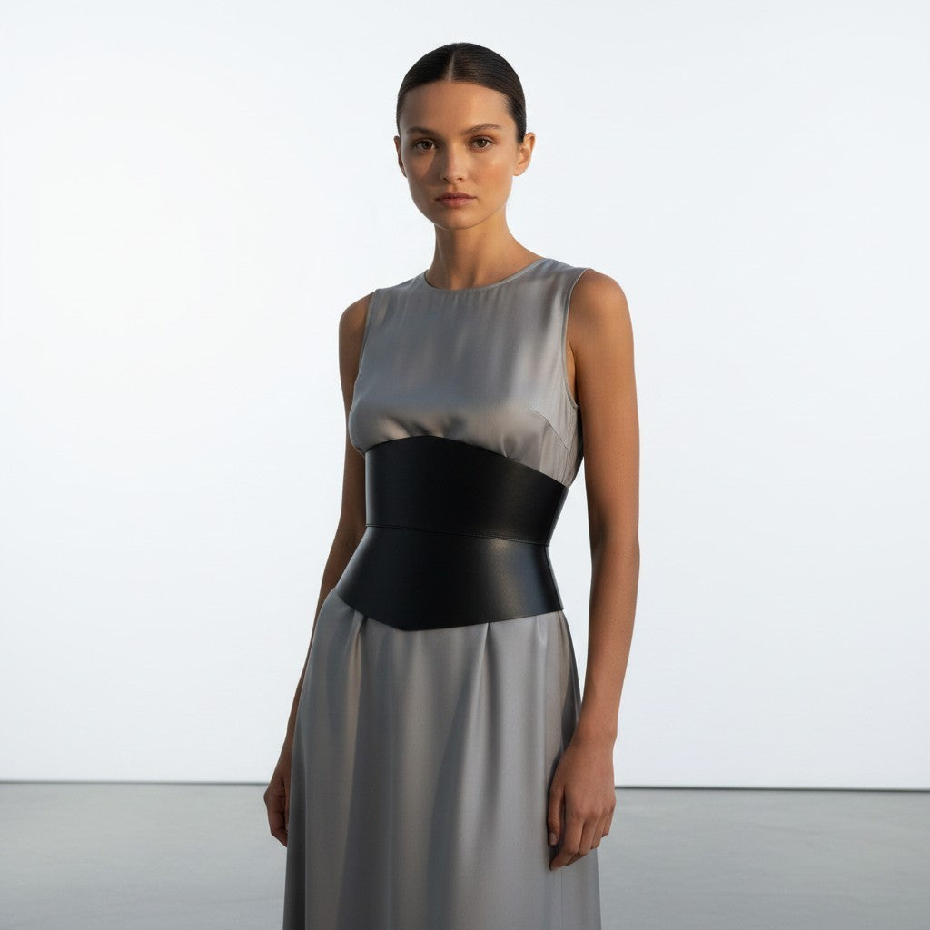 Aria Margo black leather hourglass corset belt worn over a grey sleeveless dress to define the waist.