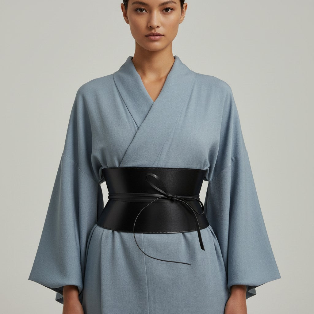Aria Margo black leather corset belt with cord lacing worn over a light blue kimono-style dress