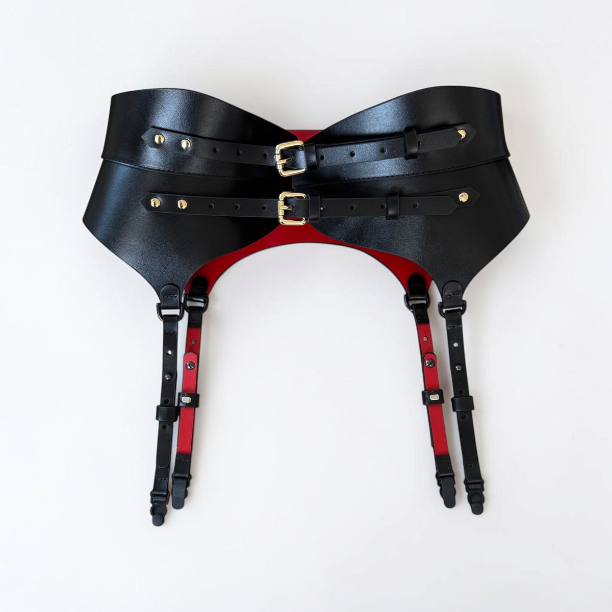 Aria Margo black leather corset belt with gold buckles and four functional suspender clips and red lining