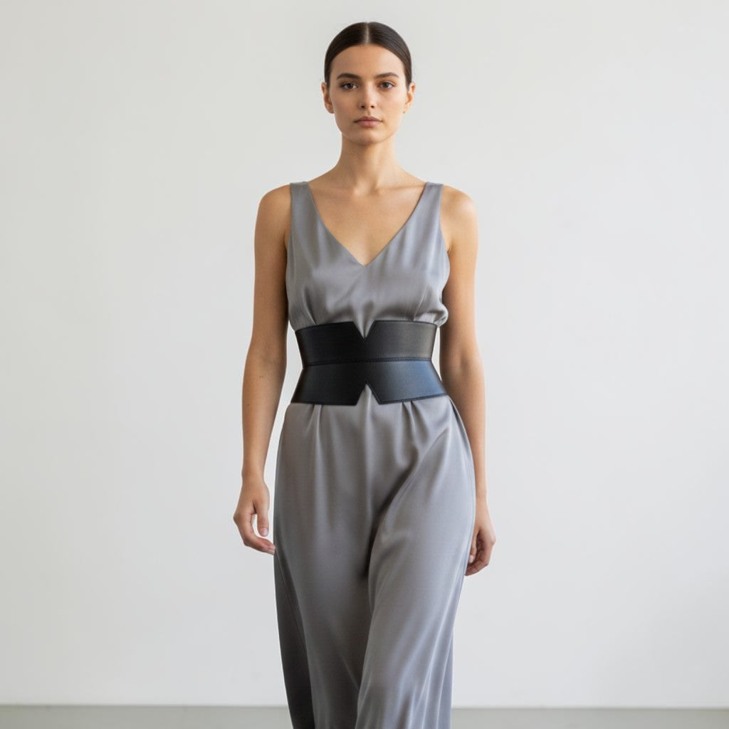Aria Margo black leather V-cut corset belt worn over a grey silk dress by a model