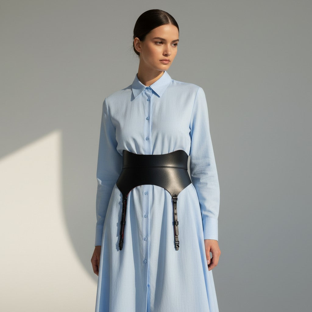 Aria Margo black leather corset belt with suspender clips worn over a light blue button-down shirt dress