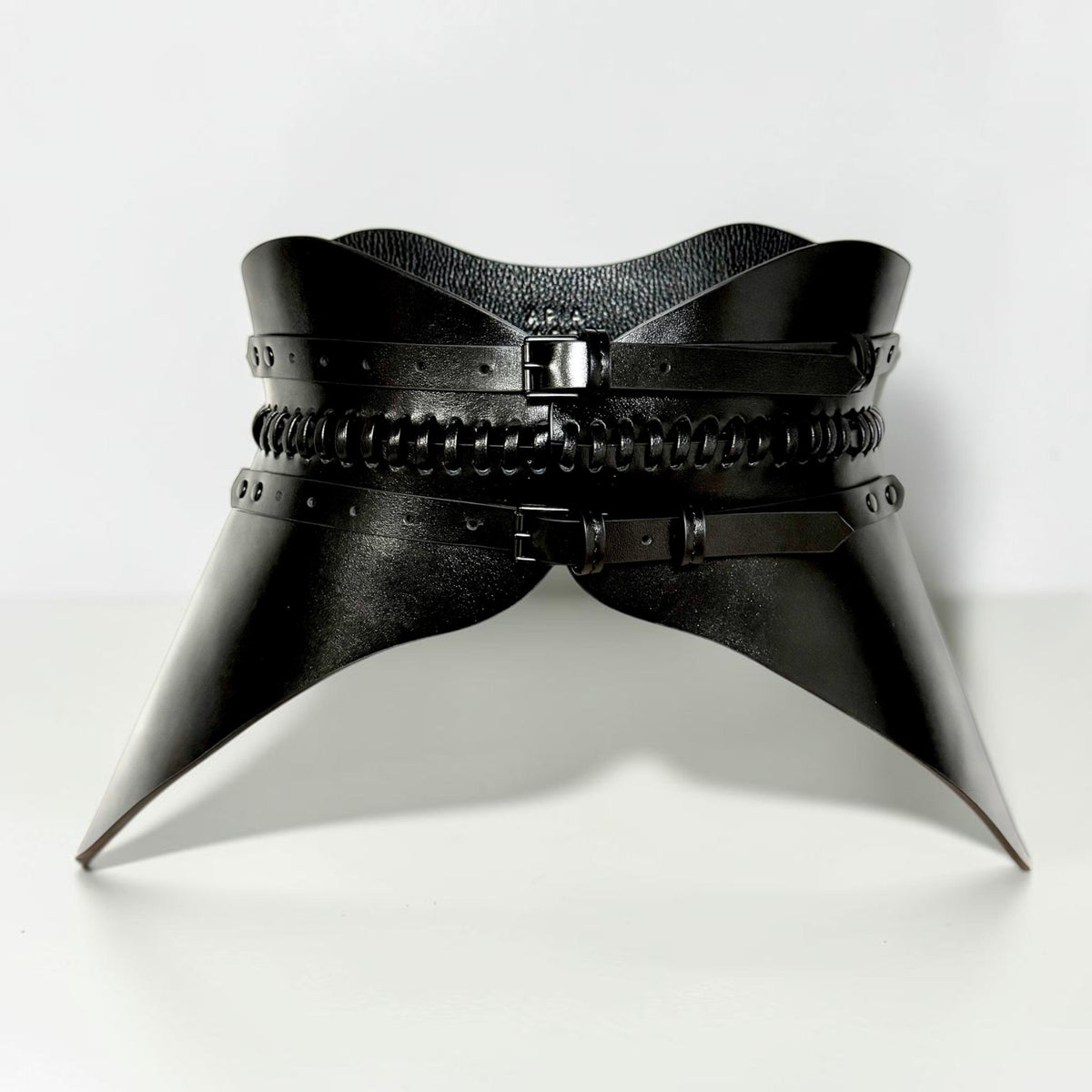 Aria Margo black Italian leather corset belt with hand-worked lacing and two adjustable buckles.