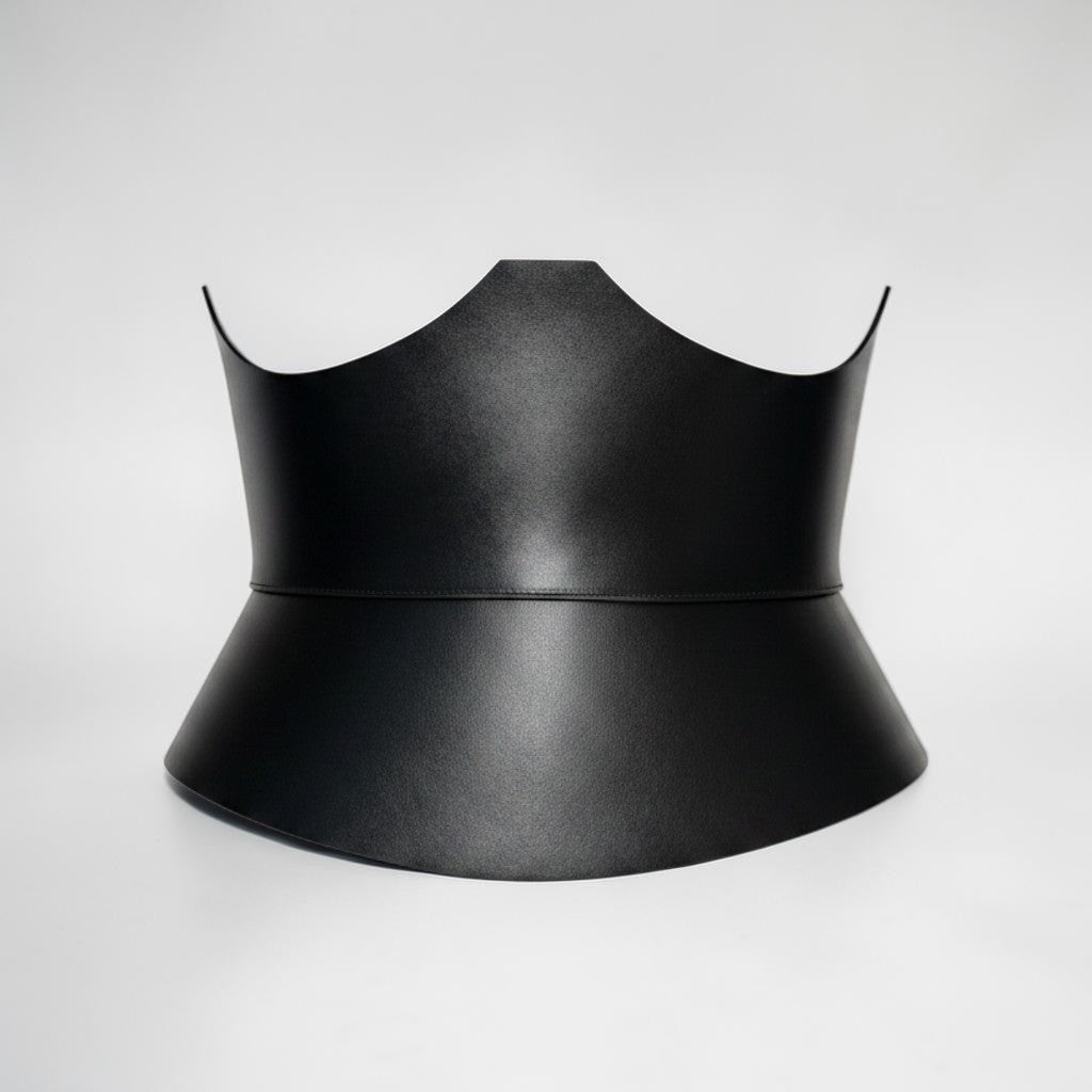 Aria Margo black Italian leather corset belt with a structured under-bust design and smooth finish.