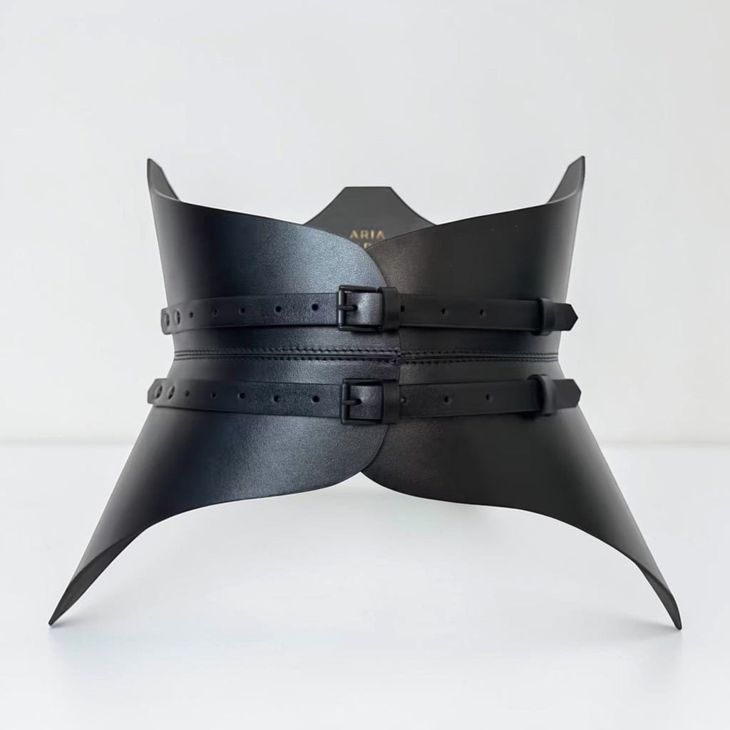 Aria Margo black Italian leather corset belt with a sculpted hourglass silhouette and two back buckle closures.