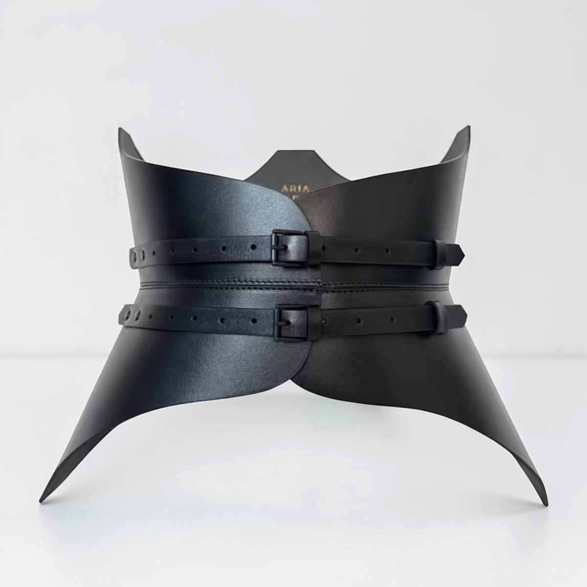 Aria Margo black Italian leather corset belt with a sculpted hourglass silhouette and two back buckle closures.