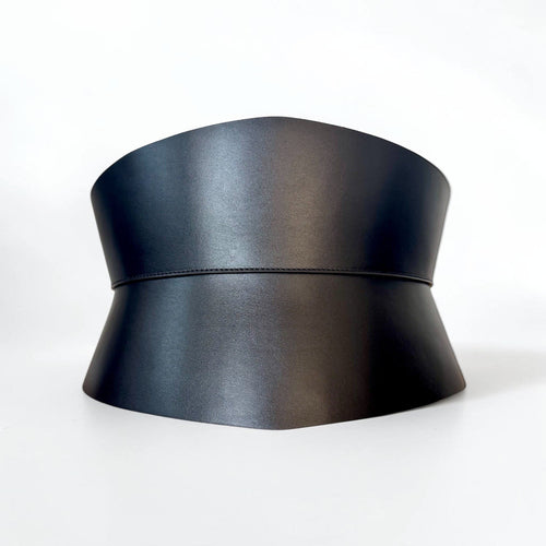 Aria Margo black Italian leather corset belt with an hourglass silhouette for waist definition.