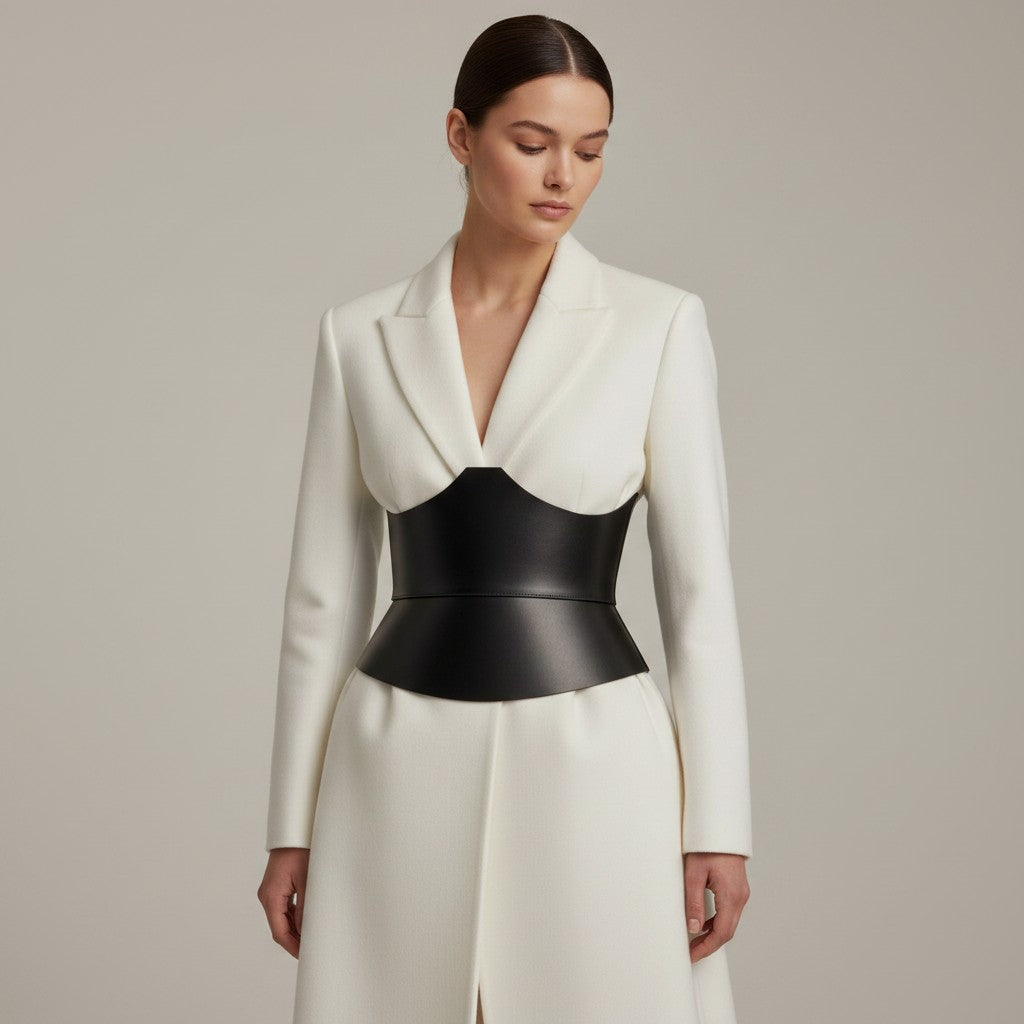 Aria Margo black Italian leather corset belt worn over a structured white blazer for a defined waist silhouette.