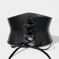 Aria Margo black Italian leather corset belt with an hourglass silhouette and satin lace-up front closure.