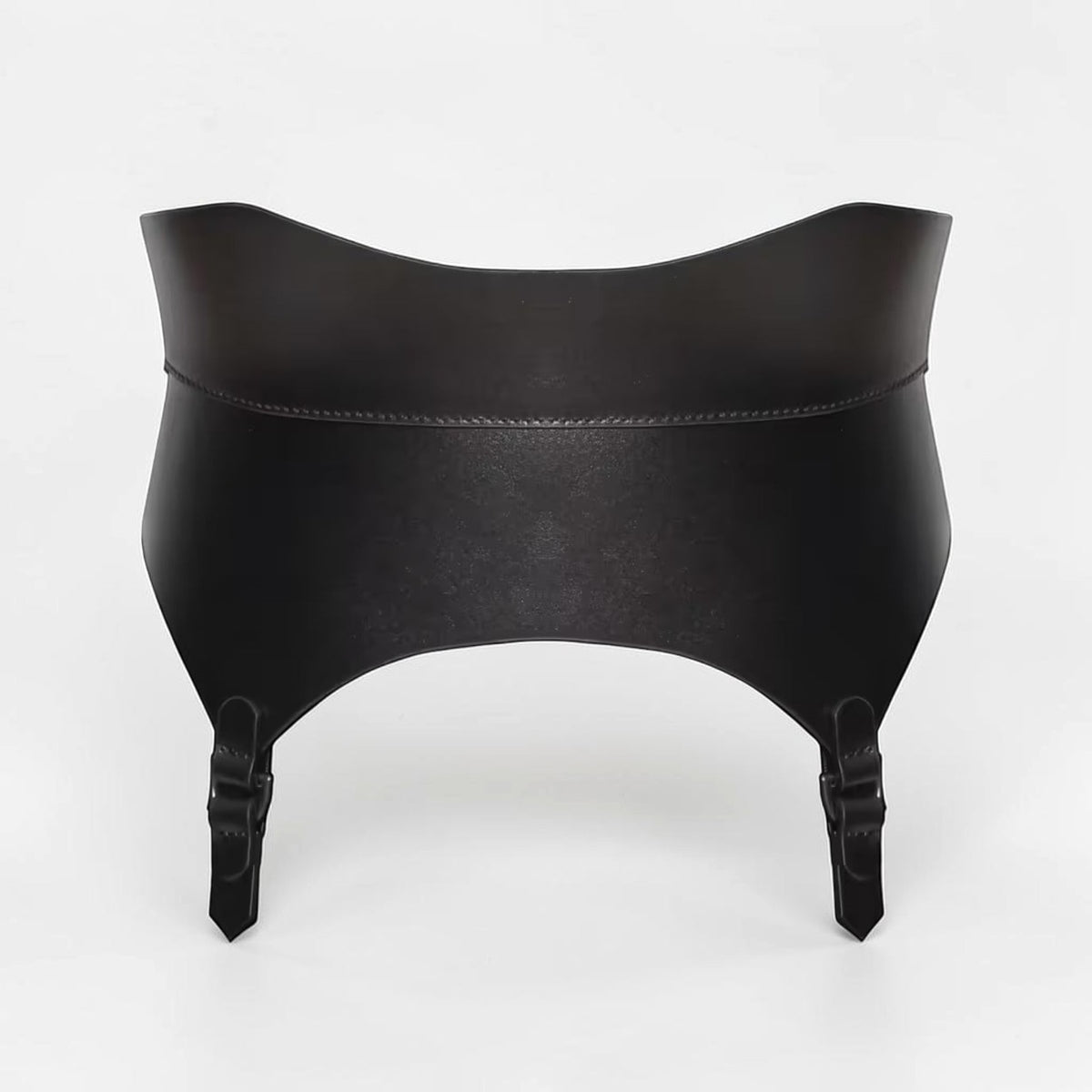 Aria Margo black leather corset belt with suspender-style tabs and a wide, structured design.