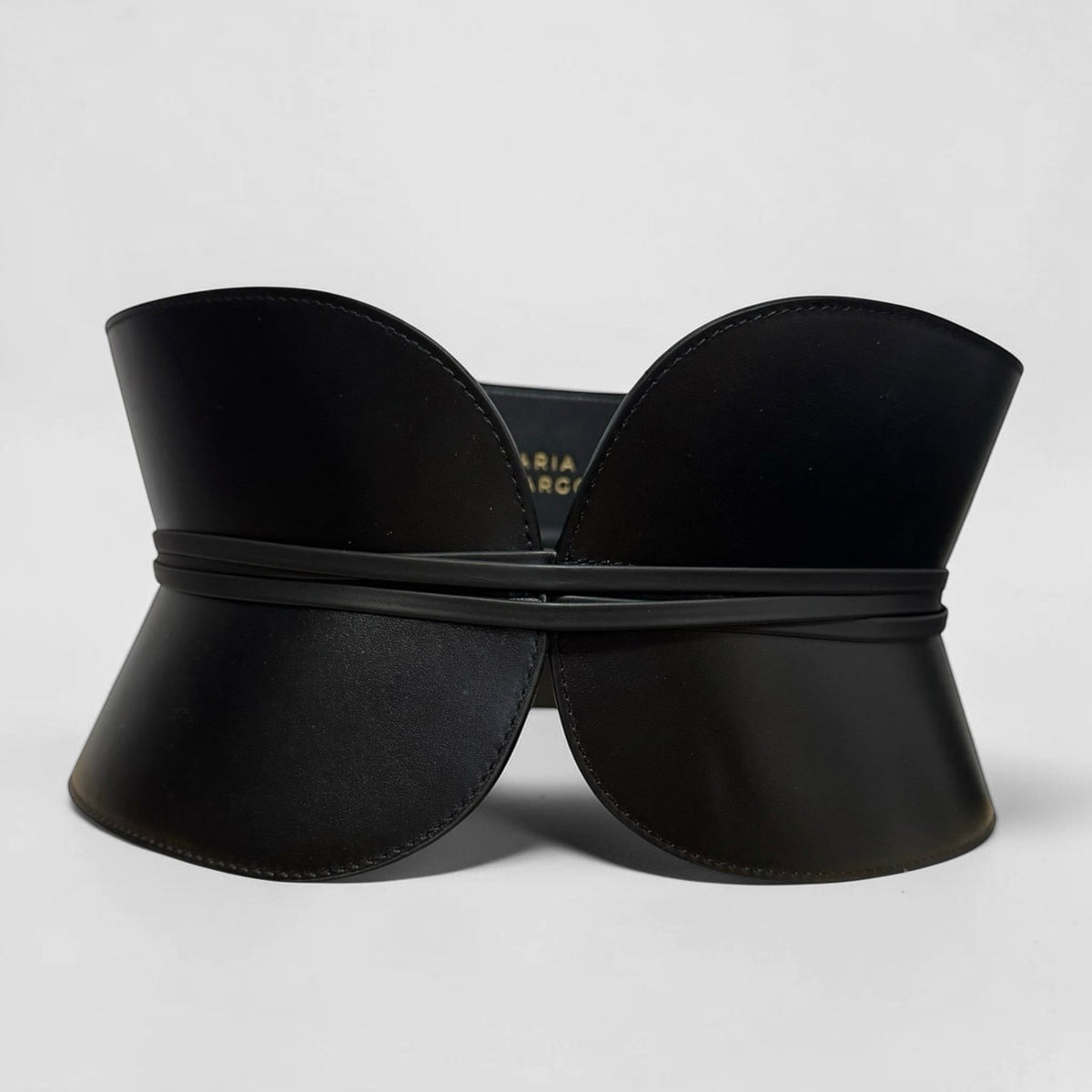Aria Margo black Italian leather wide corset belt with cord lacing and an hourglass silhouette