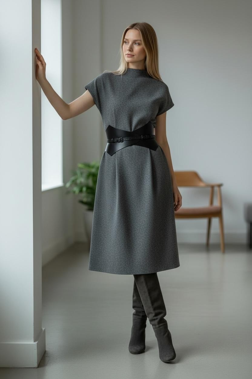 Aria Margo black leather Thorns corset belt worn over a grey midi dress by a blonde model in a bright room.