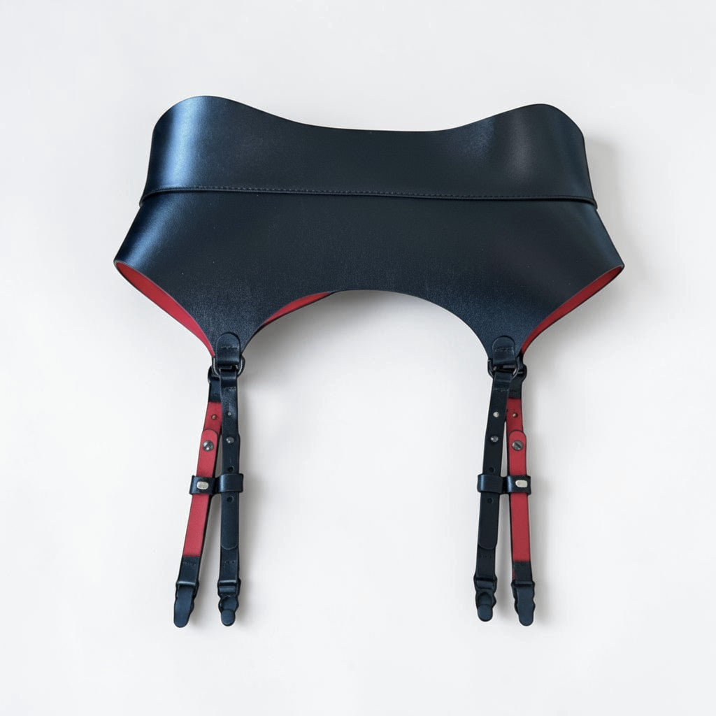 Aria Margo black Italian leather corset belt with red lining and four functional suspender clips.
