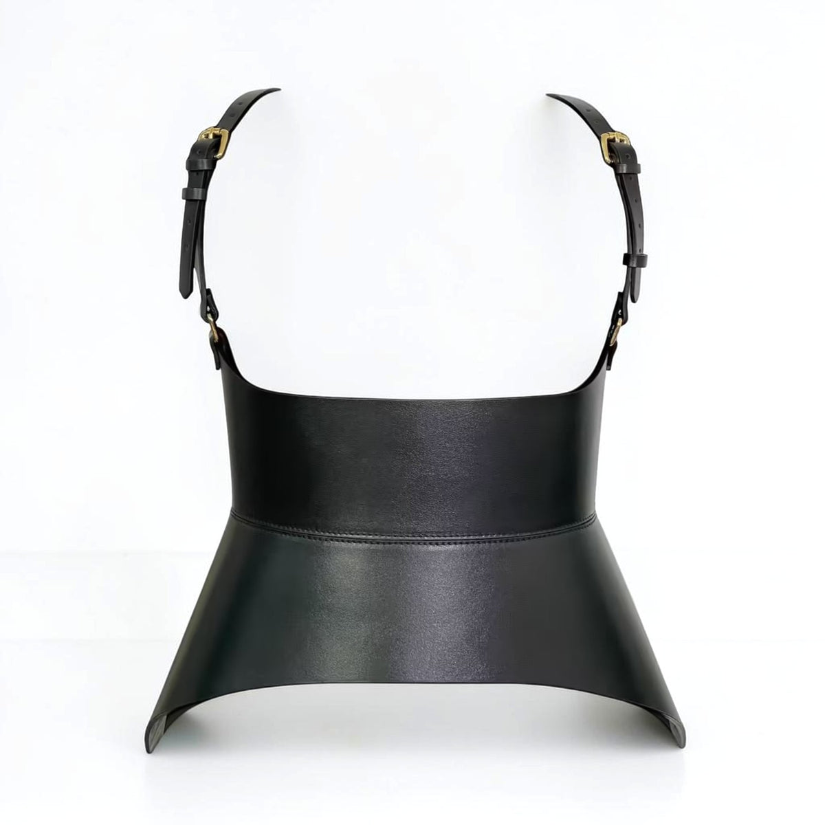 Aria Margo black leather Hallo Harness corset belt with adjustable shoulder straps and gold-tone buckles