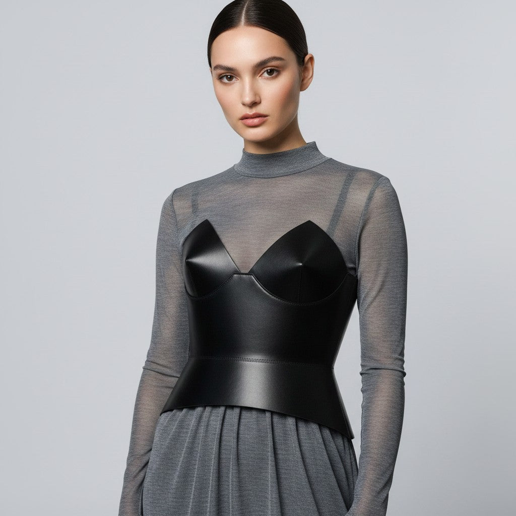 Aria Margo black leather round body corset worn over a grey long-sleeve mock neck top on a female model