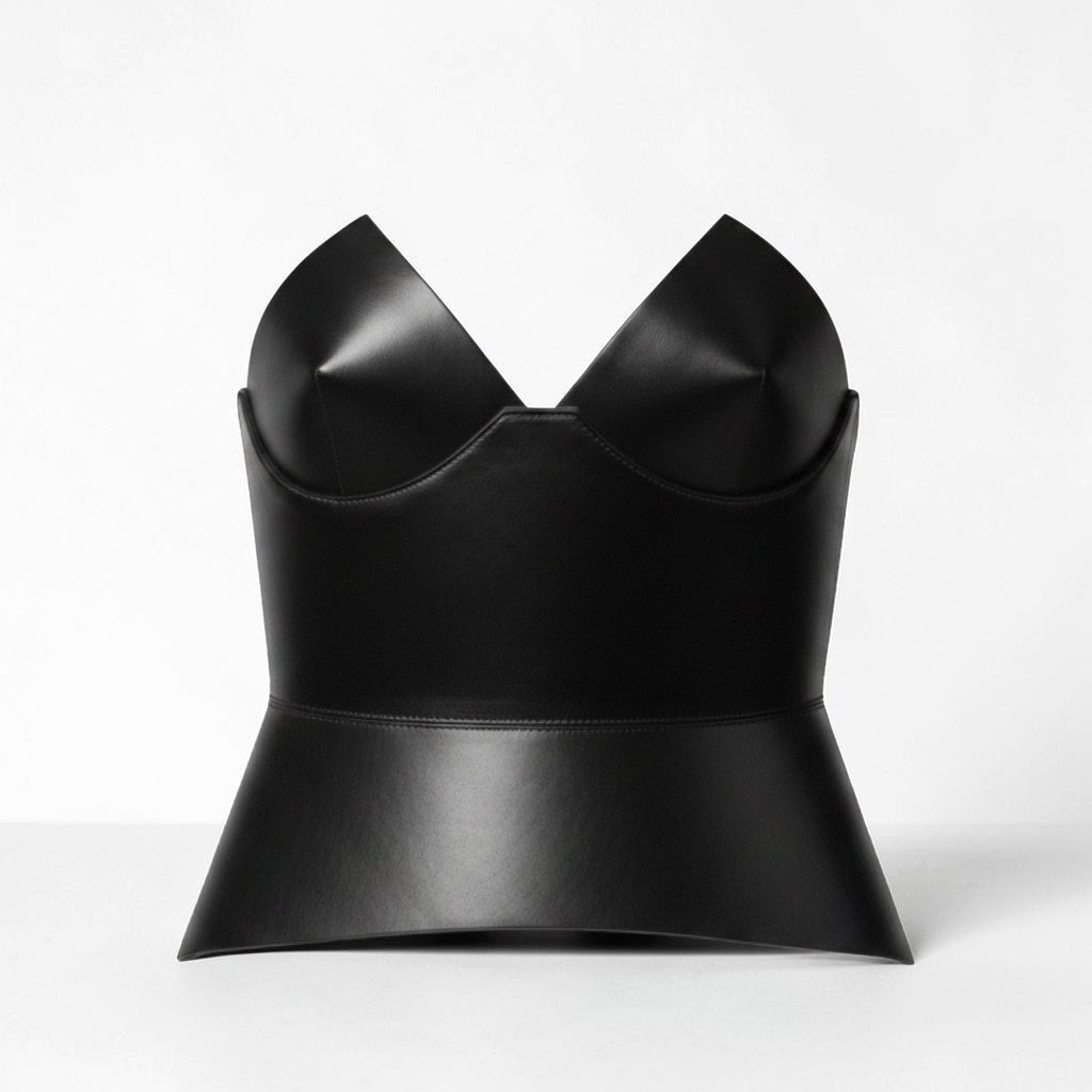 Aria Margo black leather corset with a structured round bust and flared waist silhouette on a white background.