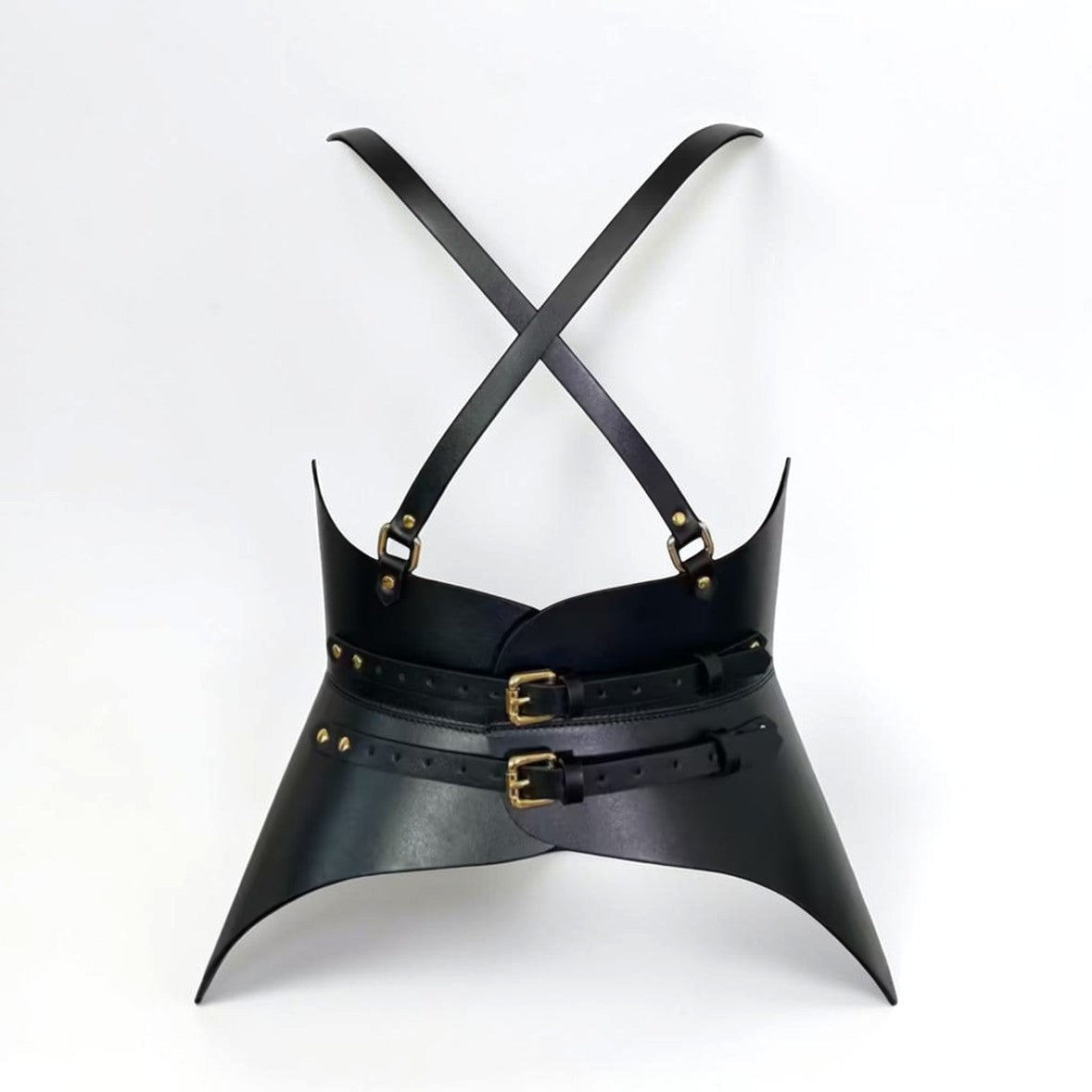Aria Margo black leather Hallo Harness corset belt featuring slim cross straps and double buckle front closure.