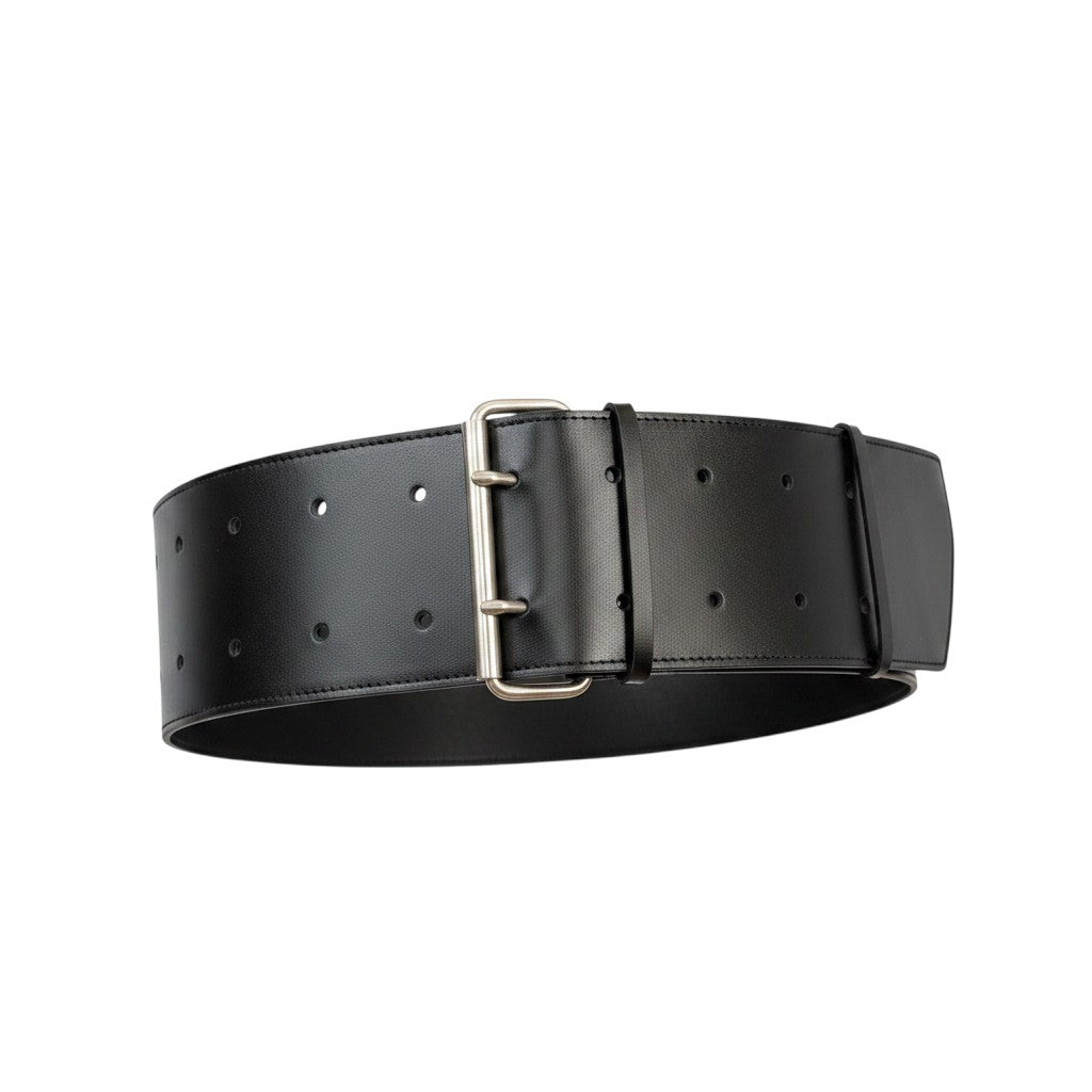 Aria Margo black Italian leather military coat belt featuring a silver-tone double-prong buckle.