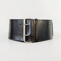 Aria Margo black leather military coat belt with a silver-tone double-prong buckle on a mannequin torso.