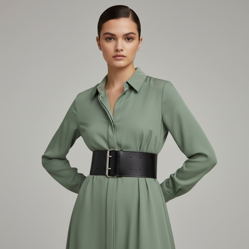 Aria Margo black leather military coat belt with silver double-prong buckle worn over a sage green shirt dress