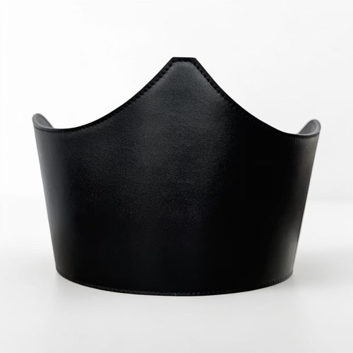 Aria Margo black Italian leather under-bust belt with a sculpted crown shape and smooth finish.