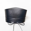 Aria Margo black Italian leather under-bust belt with a wrap-around cord tie and minimalist silhouette.