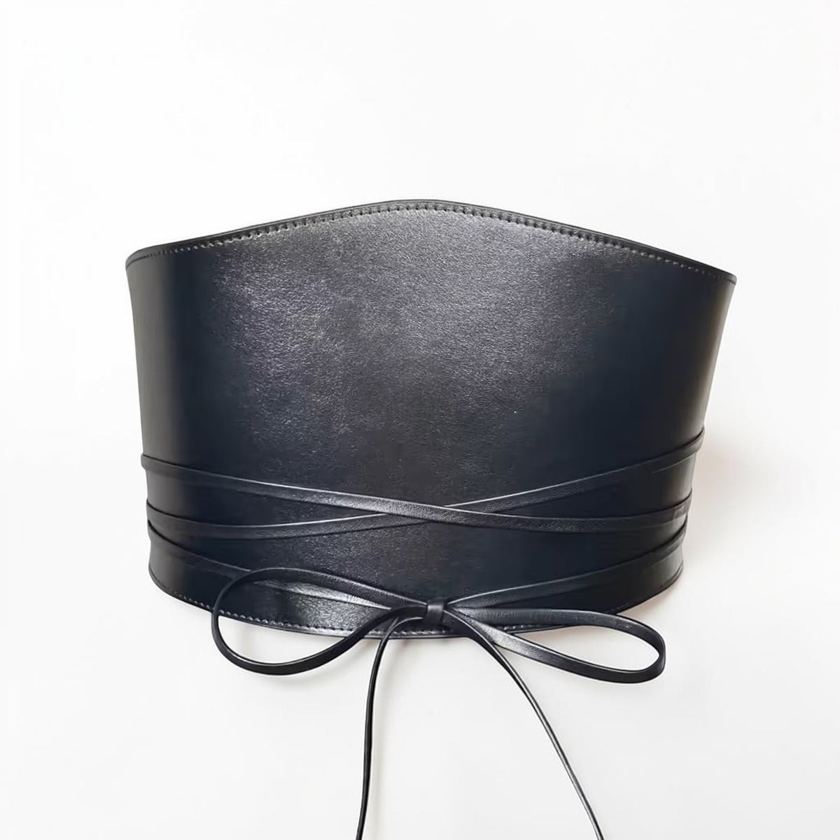 Aria Margo black Italian leather under-bust belt with a wrap-around cord tie and minimalist silhouette.