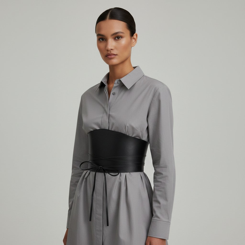 Aria Margo black leather under-bust belt worn over a grey shirt dress with a wrap-around cord tie design.