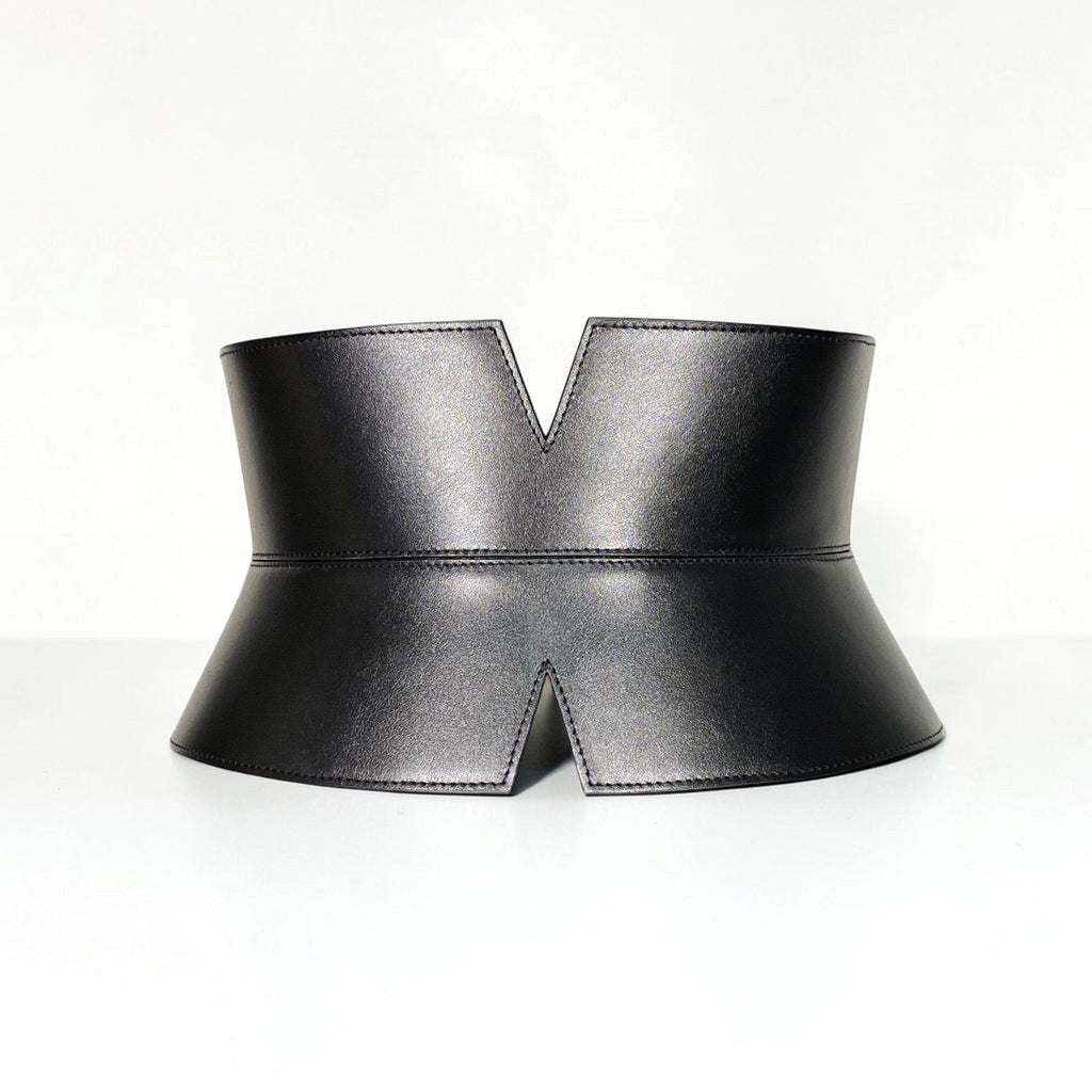 Aria Margo black Italian leather V-cut corset belt with an hourglass silhouette and stitched edge detailing.