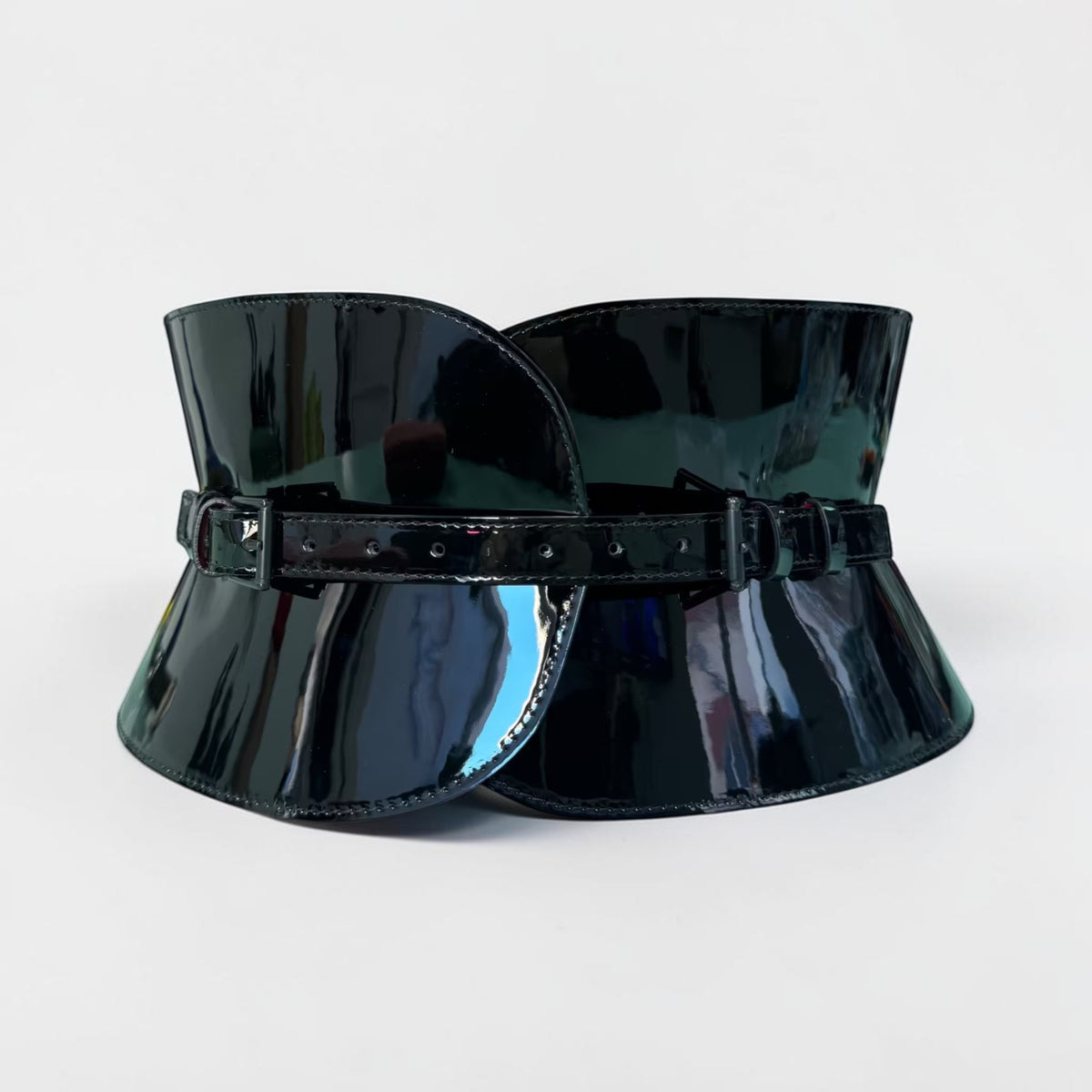 Aria Margo wide black patent leather corset belt with an hourglass silhouette and adjustable buckle straps.