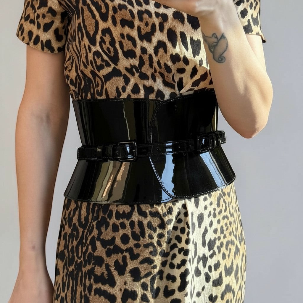 Aria Margo wide black patent leather corset belt with adjustable buckles worn over a leopard print dress