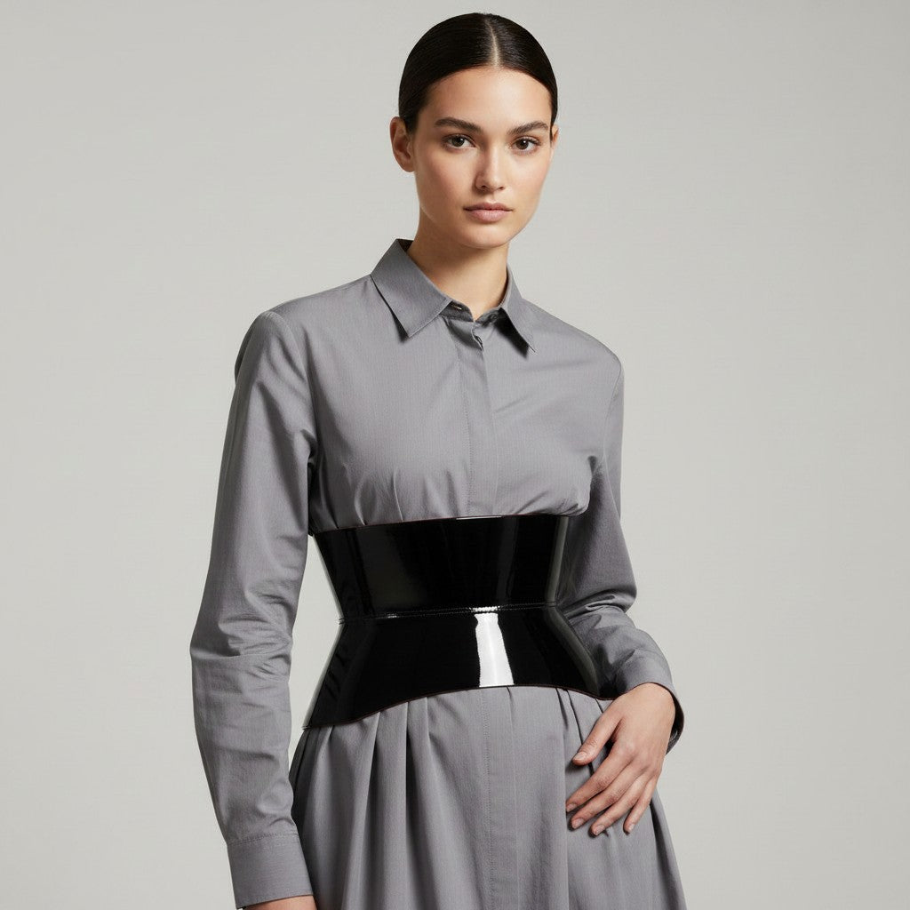 Aria Margo black patent leather corset belt worn over a grey shirt to define the waist and hips.