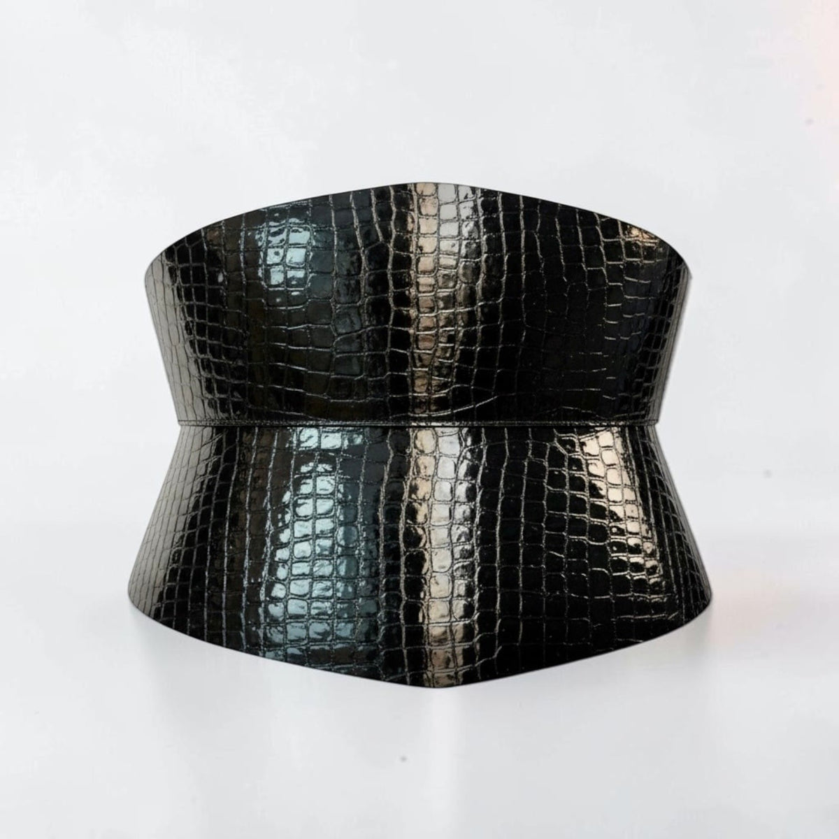 Aria Margo black patent croc-embossed leather corset belt with an hourglass silhouette and glossy finish.